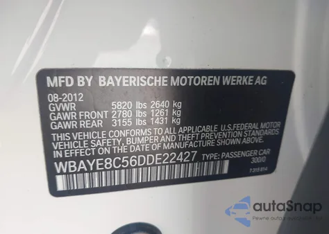 2013 BMW 750Li z USA, uszkodzony, nr VIN WBAYE8C56DDE22427